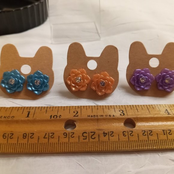 Three Pair Steel Handmade Hand Crafted Resin Flower Stud Earrings Jewelry #51 - Picture 2 of 14